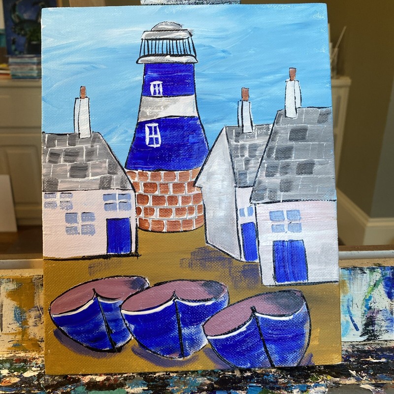 Ship,Boat,lighthouse,paintings on canvas Panel original 8/10, Abstract Seascape