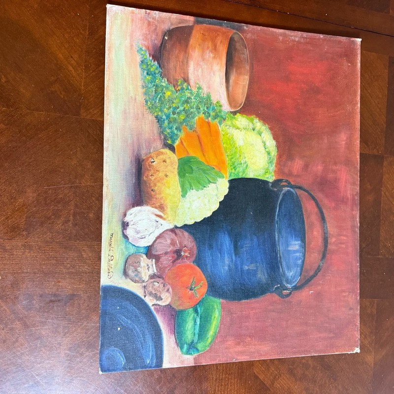 Vintage Kitchen Still Life Painting – Signed Original Canvas 20×16 Rustic Farmho