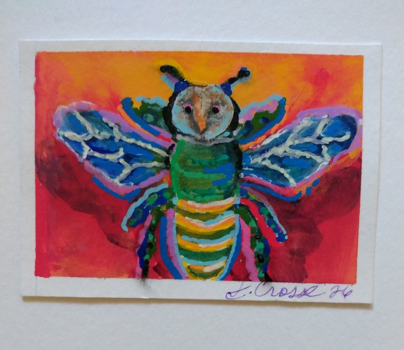 Original Acrylic Painting,Aceo,Ooak, «Owl Face Bee»