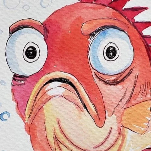 Original Whimsical Cartoon Fish Watercolor Painting Signed PapaF – Coastal Art