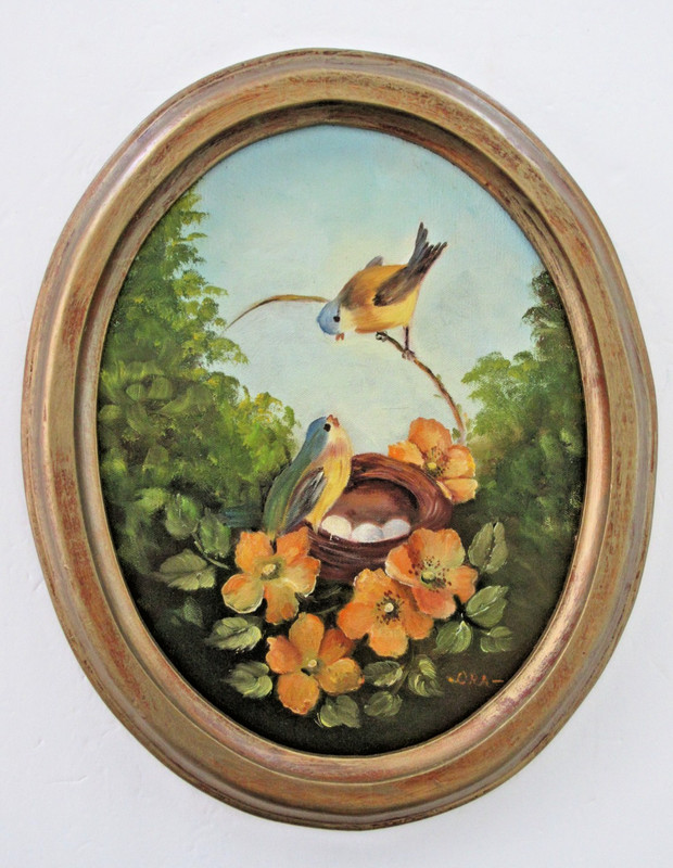 Oval Framed Oil Painting ~ Two Birds Nesting in a Floral Branch ~ Signed