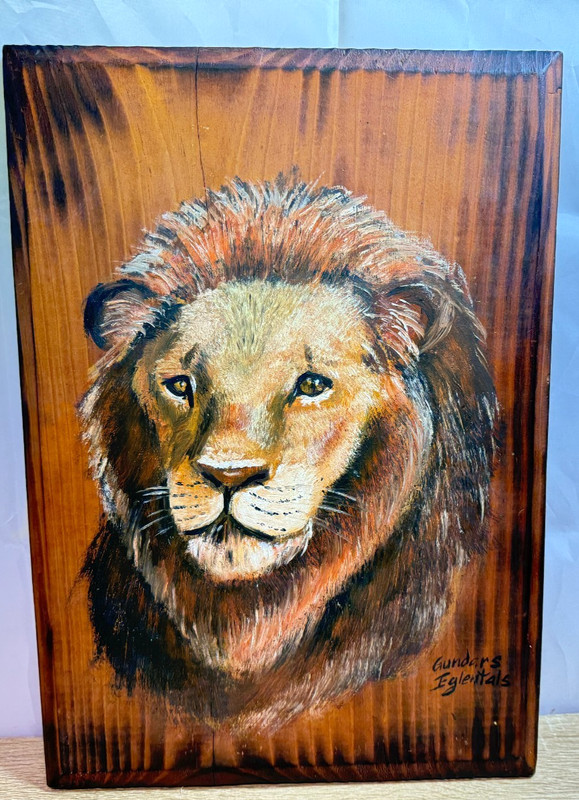 Gundars Eglentals Signed Lion Portrait Vintage Timber Wood Panel 41x29cm Art