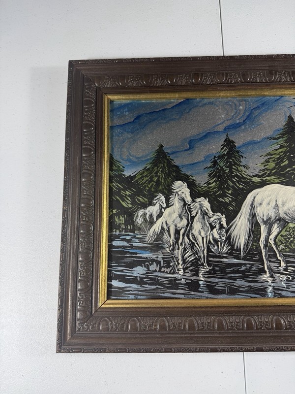 Vintage Framed Carreno Signed White Horses River Forest Painting Canvas Art gallery