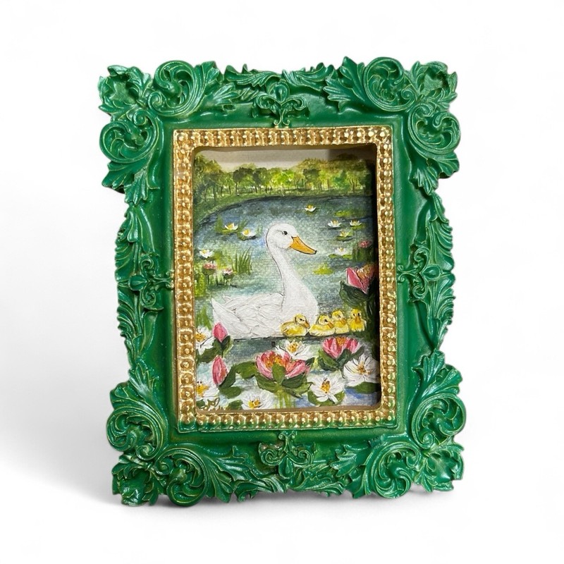 Mama Duck with Ducklings mini watercolor print in vintage style ornate frame