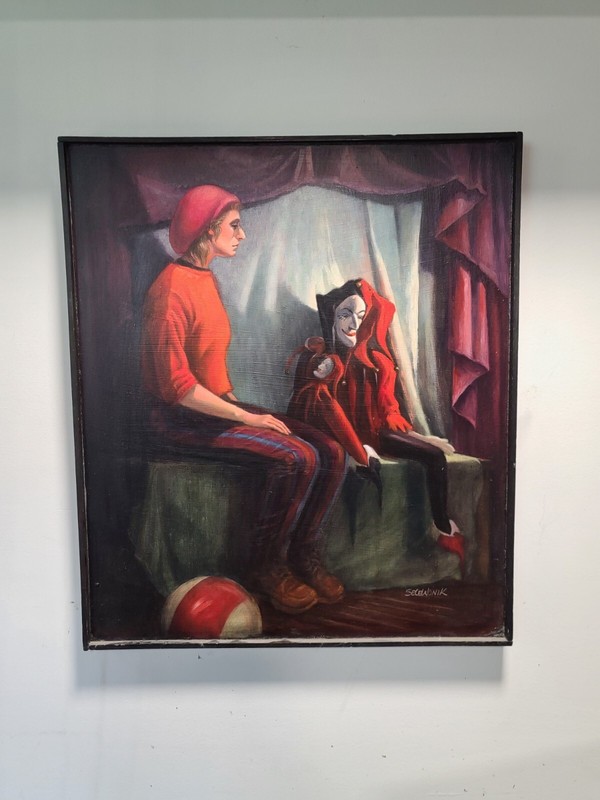 Very Rare Oil On Wood Painting, The Puppeteer By Toni Stevenson/Selewonik
