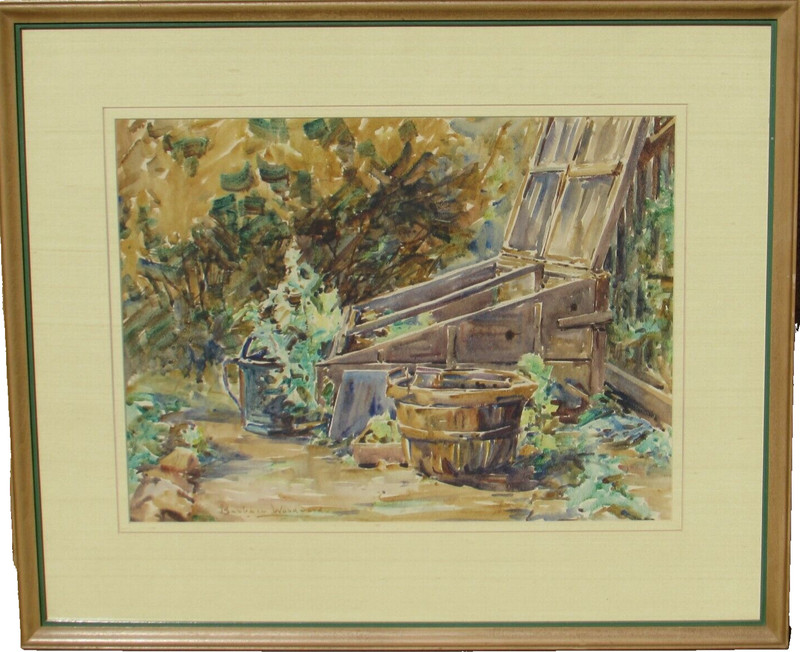 Barbara Woodward Circa 1940’s Landscape w/foliage & vessels by a basement bunker
