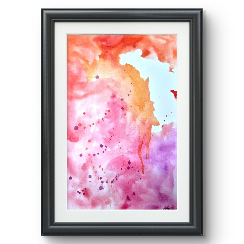 Colorful Expressionist Abstract Watercolor Home Decor Reds Art 8 x 5
