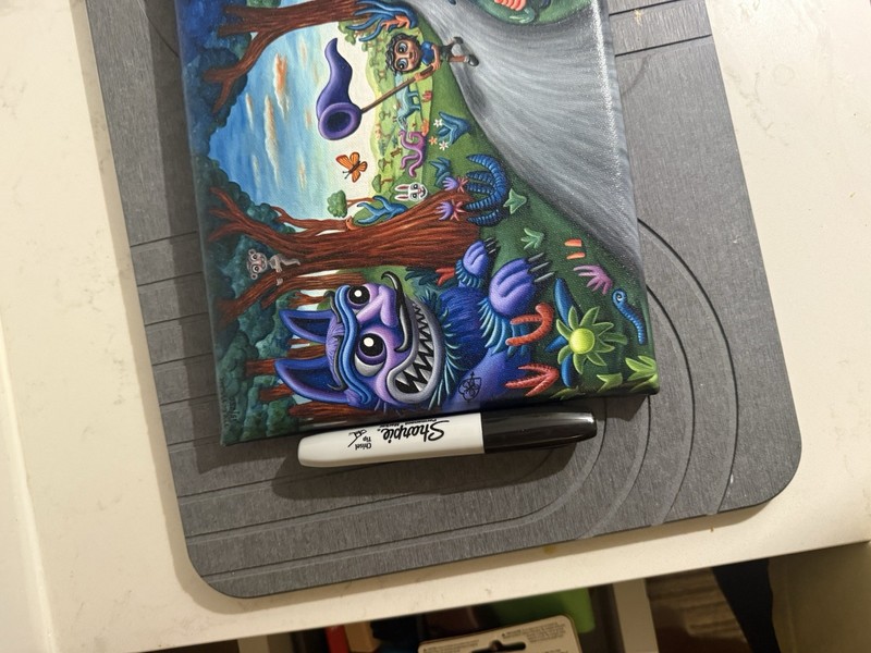 Signed Small Fantasy Cartoon Forest Animals Canvas Painting, Unframed gallery