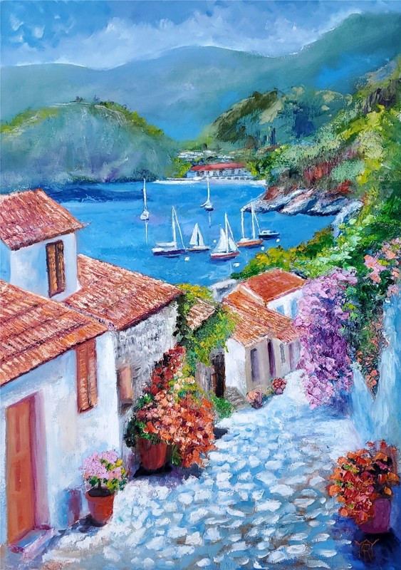 NO IMPORT FEE Yary Dluhos Italy Lake Region Landscape Original Oil Painting