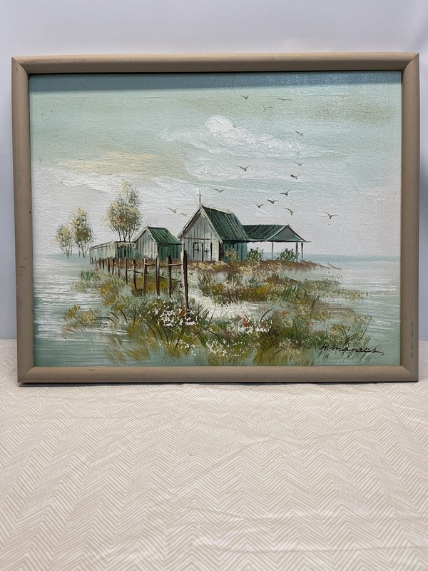 Vintage Painting On Canvas Framed. Church With Out Buildings gallery
