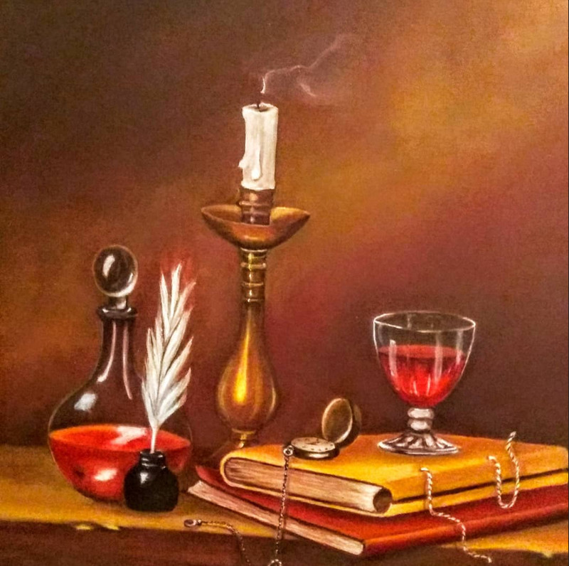 Classic Still Life Painting – Candle, Book, Ink & Wine Glass – Hand Painted Art