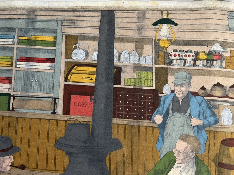 Men in Storeroom Playing Checkers, Vintage Illustrastion Painting On Felt Canvas gallery