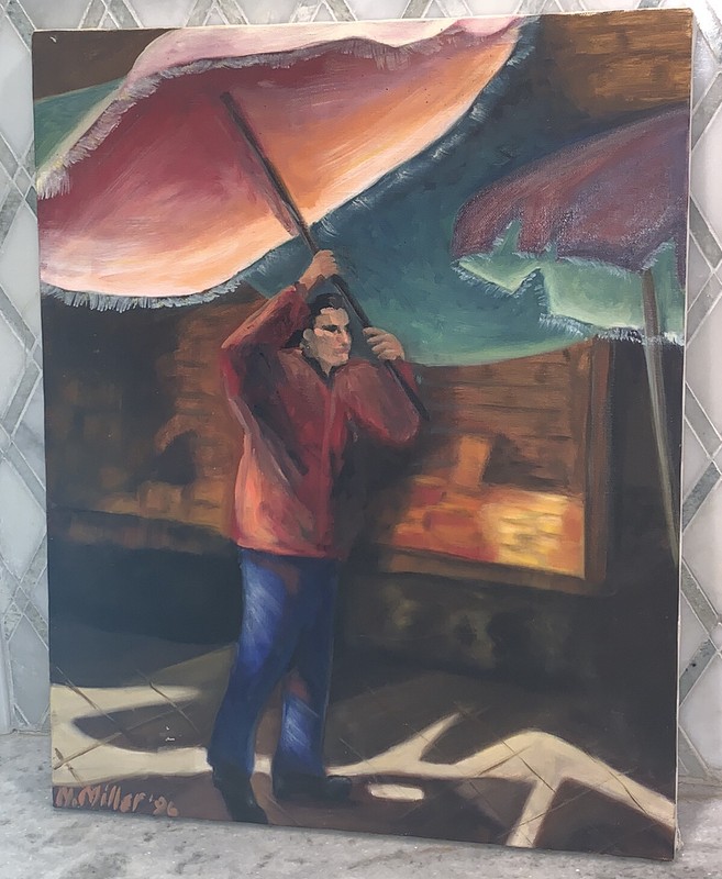 Original Man W/ Red Blue Umbrellas 1996 OOC Oil Canvas Signed Miller 20 X 16 gallery