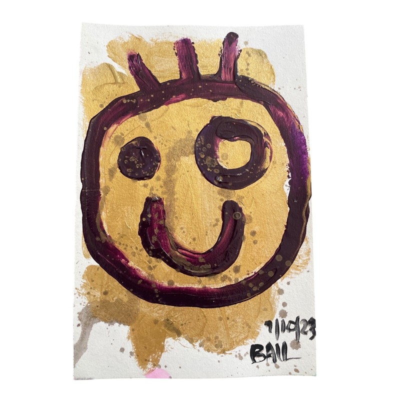 Original Abstract Face Painting Signed Bail Gold Purple Mixed Media 5.5×8.5