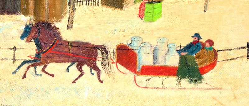 1930 CANADIAN AMISH MENNONITE WINTER SCENE NAIVE OIL PAINTING RA INITIALS SIGNED gallery