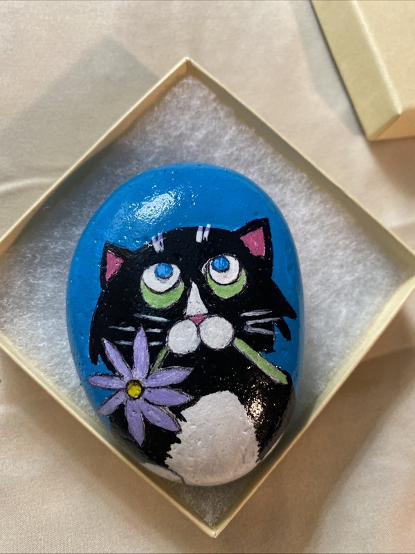 Hand Painted Rock Art Cat With Flowers