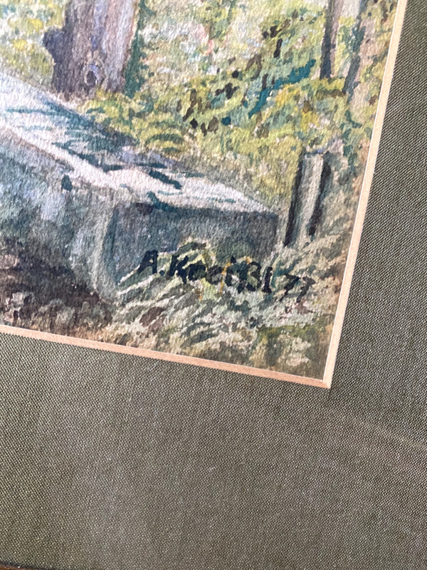 Watercolor on cardboard alpine landscape farmhouse A. Kreissel '77 vintage gallery