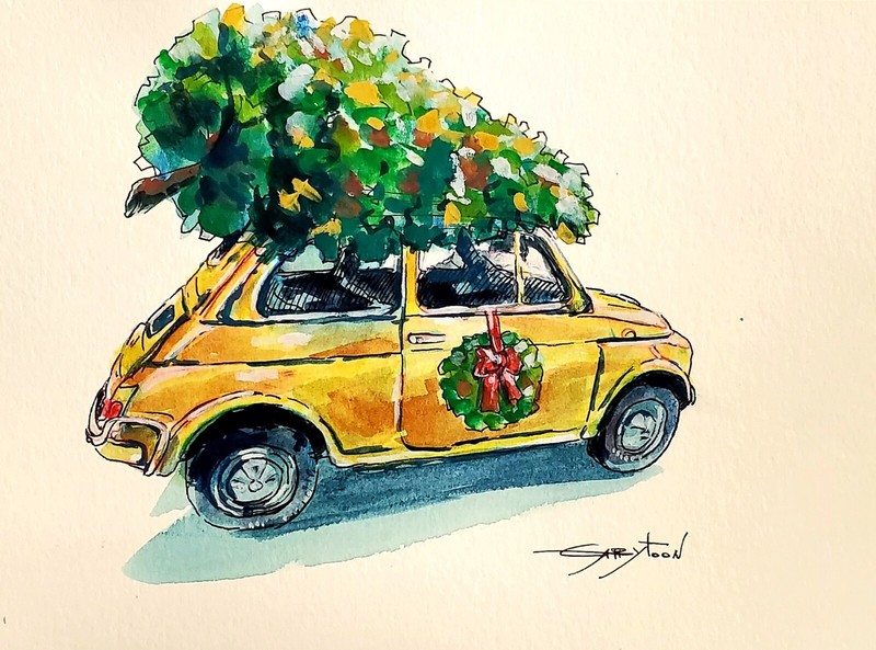 ChristmasTree Car watercolor, 6″x8″