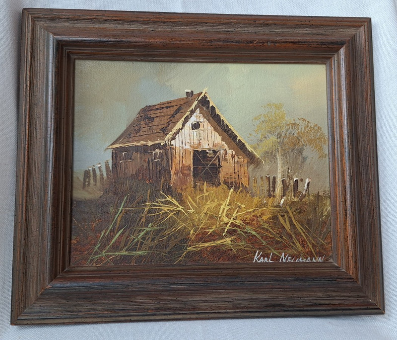 Barn Landscape Original Painting by KARL NEUMANN, Oil ? on Canvas Framed 1978