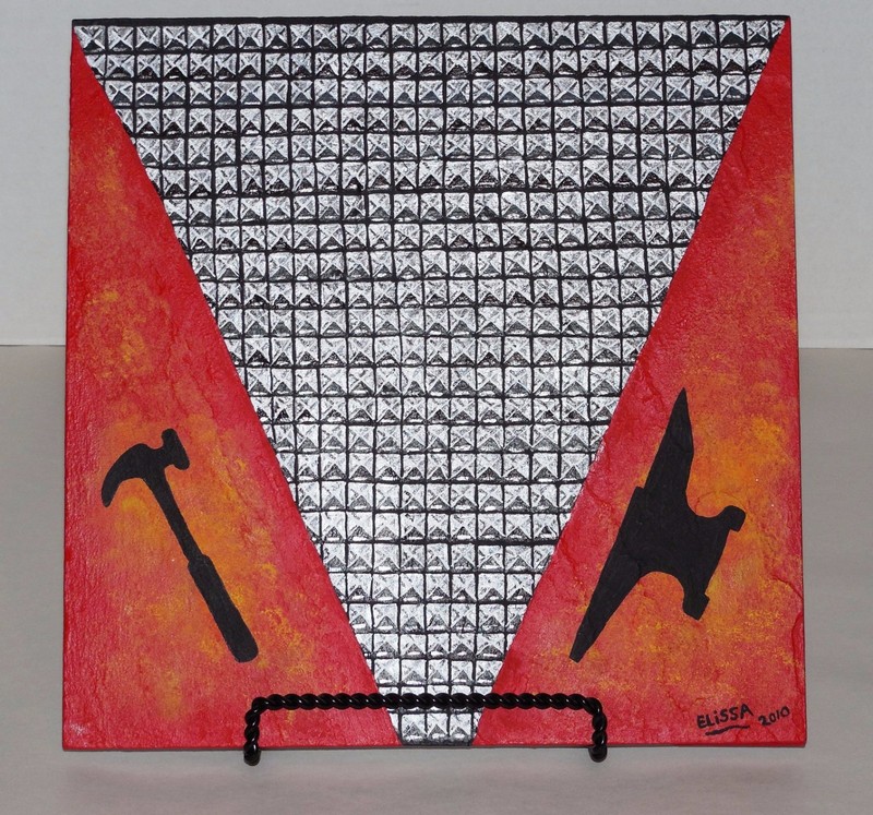 Faux 3D Studded Hammer & Anvil & Flames Flagstone Art Painting By Elissa Shakal