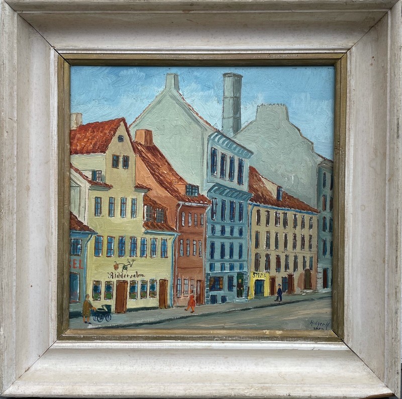 Unknown Painter Cityscape Houses Street People Shops Holger H Signed