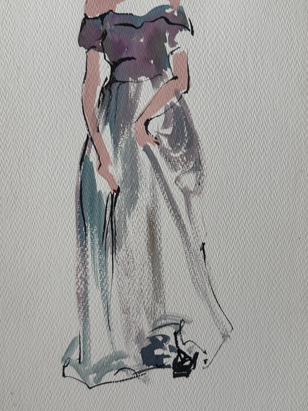 VTG 1950's MCM Watercolor Painting Woman in Dress Womens Fashion 18 x 12 gallery