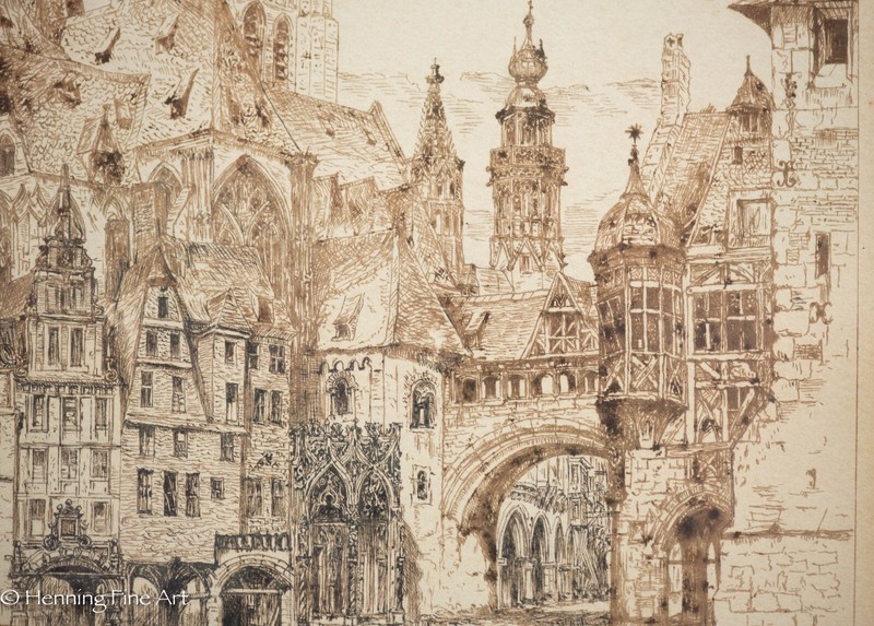 Exquisite Antique Watercolor Ink Drawing of Evreux Notre Dame Cathedral Spires gallery