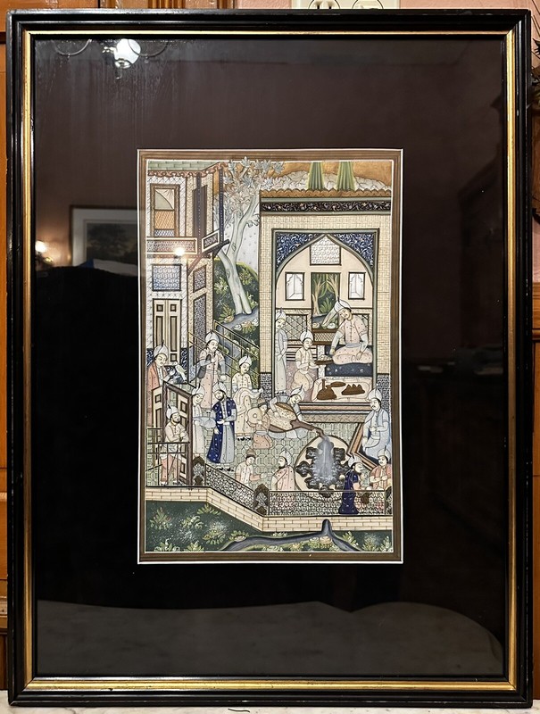19th Century Indo-Persian Palace Painting Scene On Silk In Vintage Wood Frame gallery