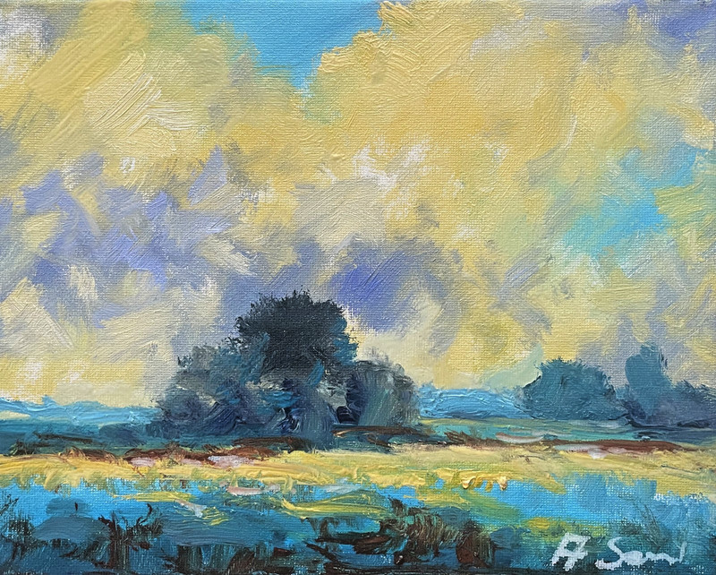 Original Impressionist Landscape Oil Painting Dramatic Sky Collector Art 8*10