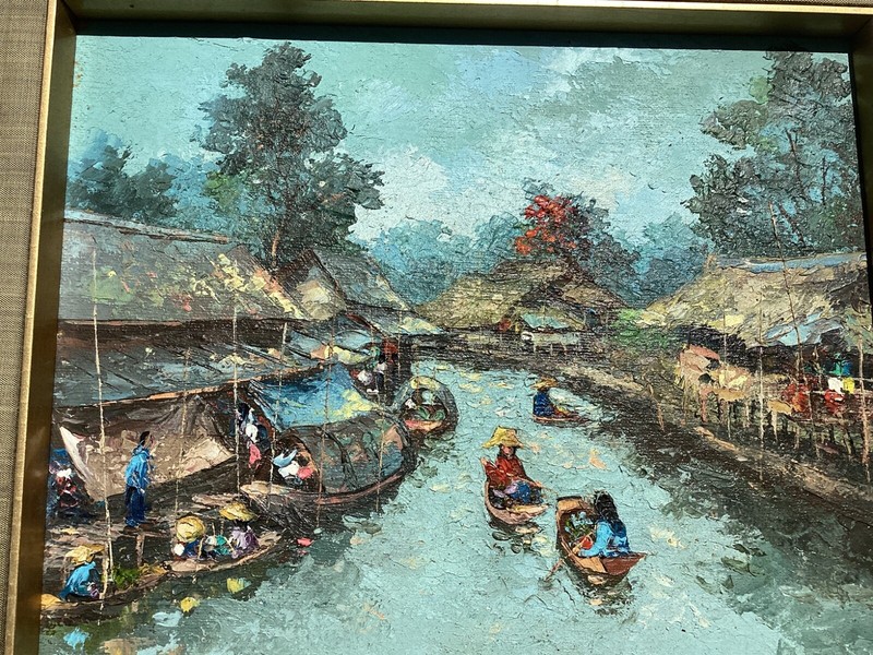 1974 Thailand Impressionist Signed Oil/Canvas River Village gallery