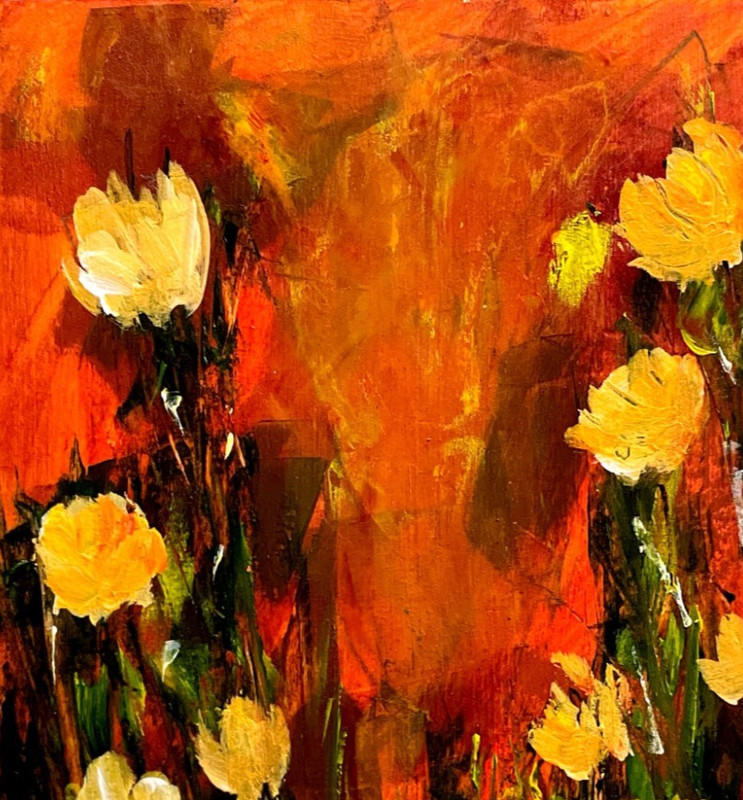 Fiery Abstract Flowers Original Acrylic fine art Painting Mary Myers gallery