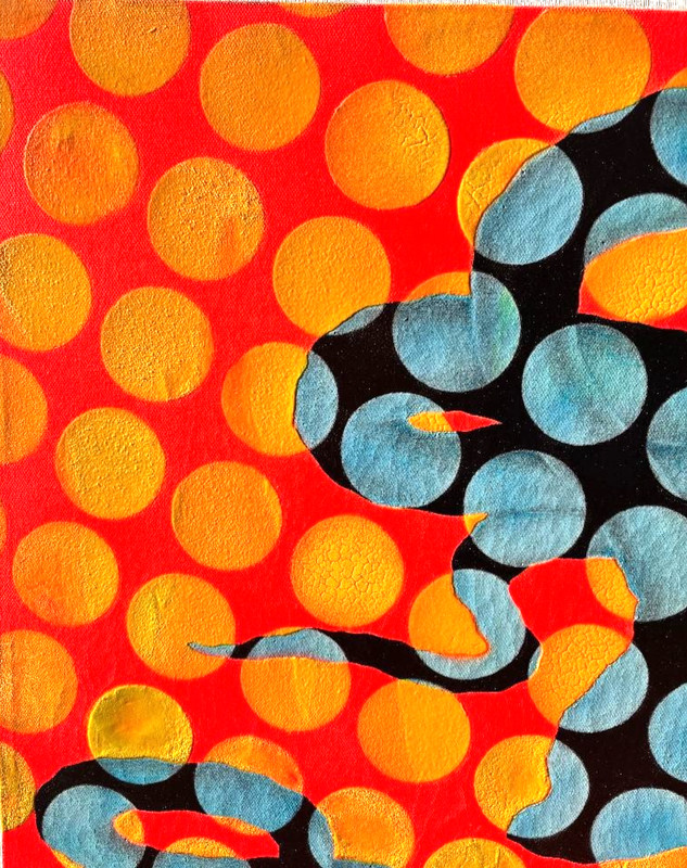 Patrick Warner 90s Original Abstract Painting with Serpents & Circles Red & Gold gallery
