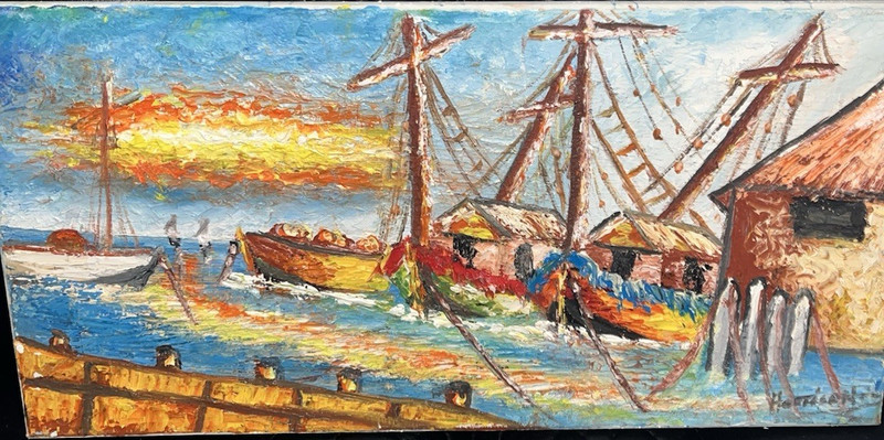 harrison leveque Impressionist Oil Painting Harbor Ships Boats Sunset Seascape