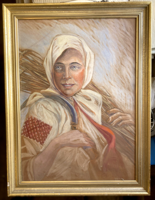 ::OIL PAINTING SIGNED PORTRAIT °BLONDE GIRL IN COSTUME °WITH EARS HARVEST GRAIN