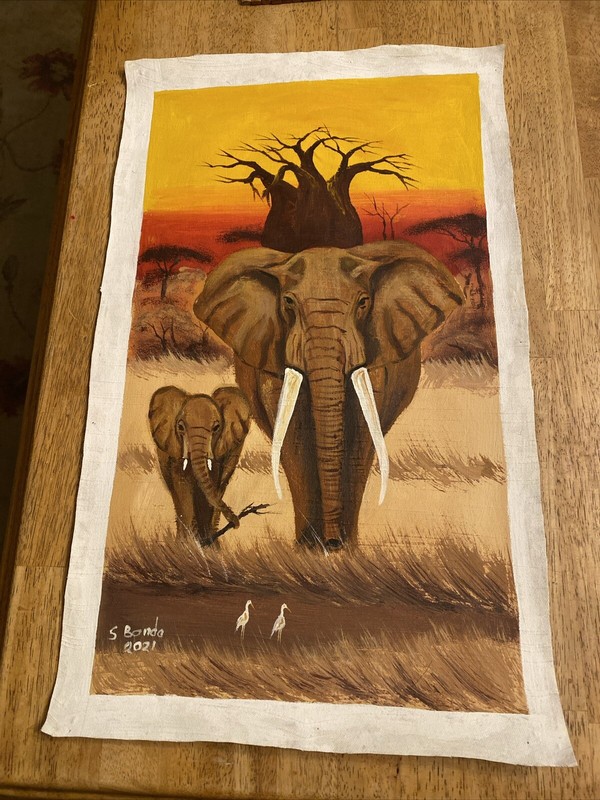 African Elephants Art Painted Sunset Acrylic Scene S Bonda Artist No Hands Birds