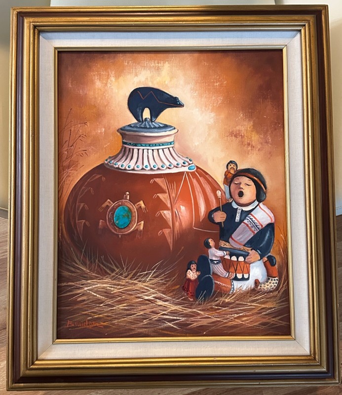 NAVAJO NATIVE AMERICAN ORIGINAL PAINTING ON CANVAS FRAMED 27″x23″