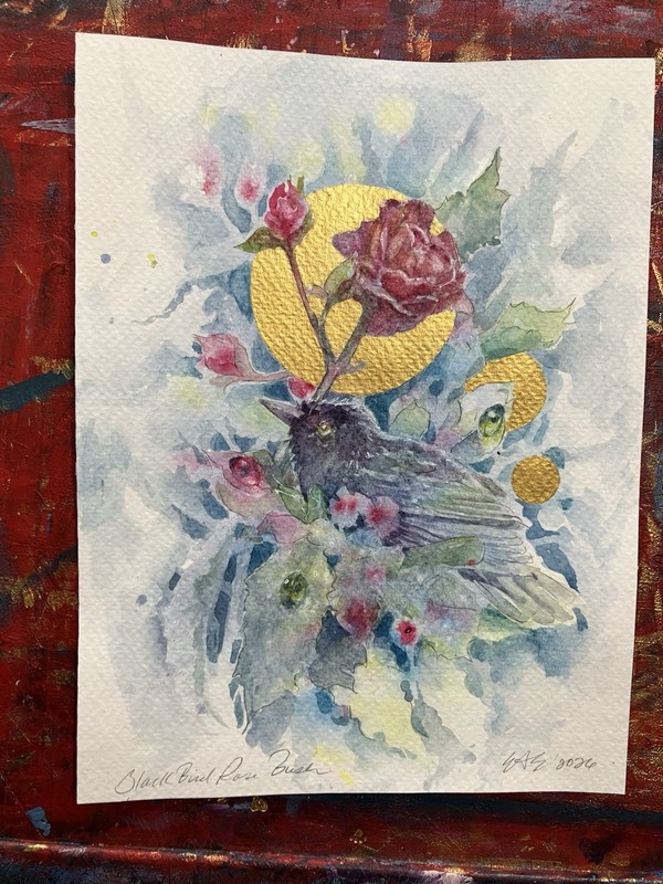 Original Crow painting Roses Black Bird Gold accents surrealism artettina USA