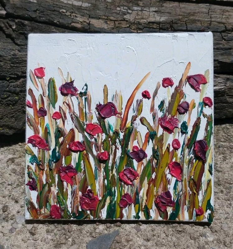 Original 4″ Oil Painting Abstract Red Purple Flower field wildflower textured