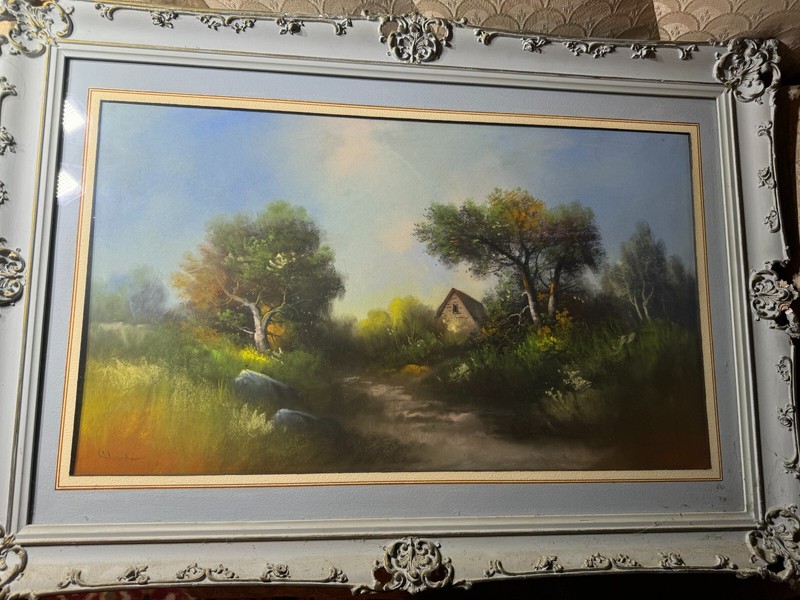 William Henry Chandler (1854 – 1928) «Landscape Scene» Pastel Painting -Framed
