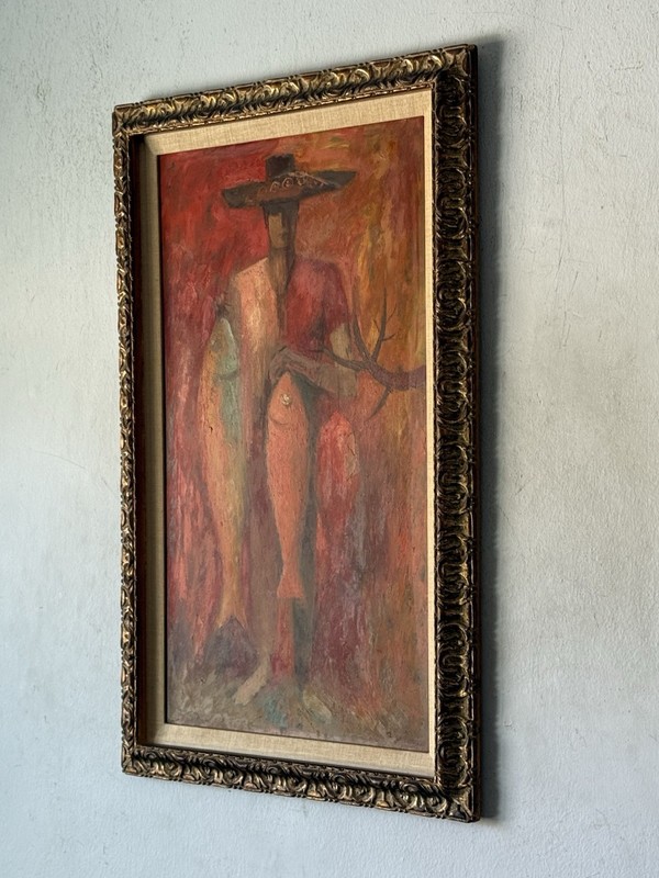 ANTHONY RIZZO VINTAGE MODERN ABSTRACT CUBIST CUBISM OIL PAINTING RED FISHERMAN gallery