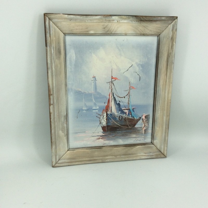 C. Stack Original Oil Painting Nautical Seascape Fishing Boat Small Canvas MCM