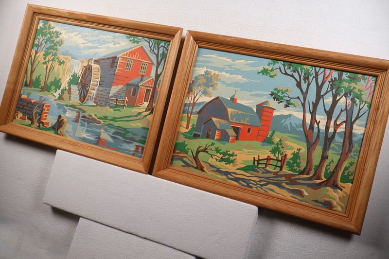 Vintage Paint by Number "Red Mill & Winding Road" Framed 1950s Set of 2 gallery