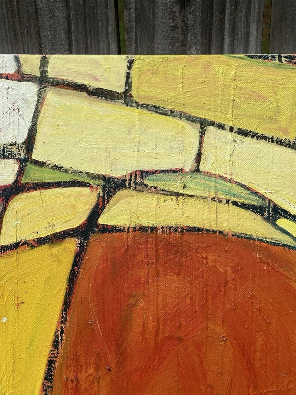 Encaustic Painting Abstract Yellow Orange Mid Century Look Flower Signed 24 X 24 gallery