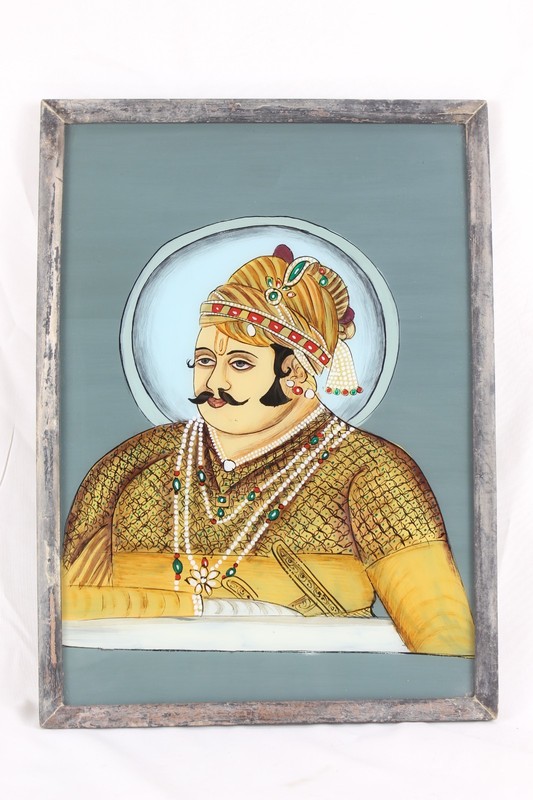 Maharaja Madho Singh Portrait Reverse Glass Painting Rajput Framed Wall Art