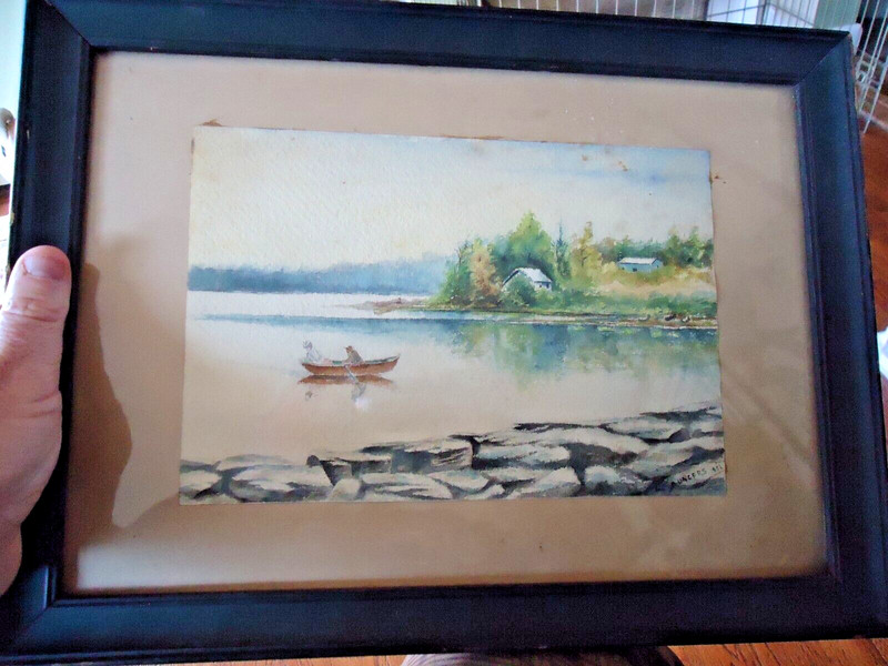 Antique Watercolor Painting Lake / Couple in Boat / Landscape, C. Saunders 1901