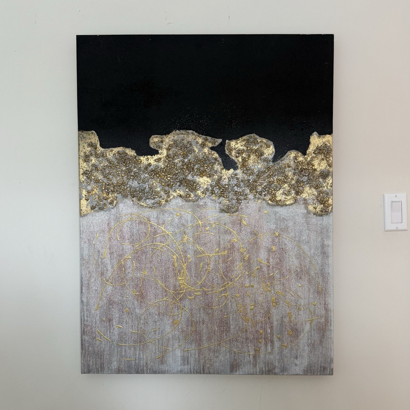 Abstract Gray Black & Gold Textured Canvas Wall Art Painting, Unframed