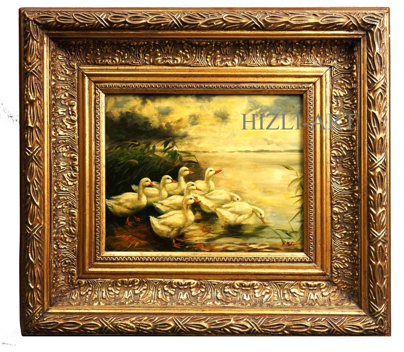 OIL PAINTING IMPRESSIONIST MOTIF CIRCA 1860 LANDSCAPE DUCKS IN LAKE PAINTING