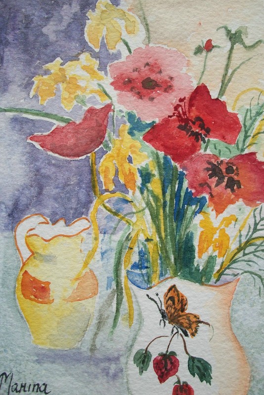 MARINA LOAN – «Strawberry Jug» – Watercolor Painting – Unframed – 20th/21st C.