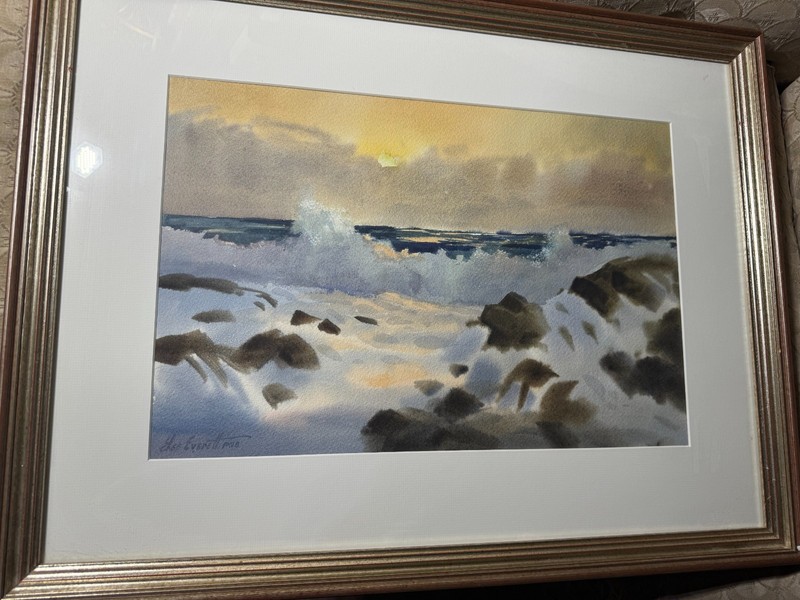Lee Everett (20/21st Century) «Dusk Seascape Scene» Watercolor Painting – Framed