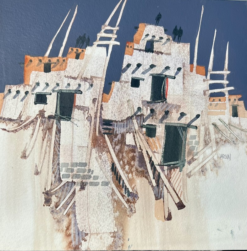 Original FRAN LARSON WATERCOLOR PUEBLO DE TAOS SANTA FE